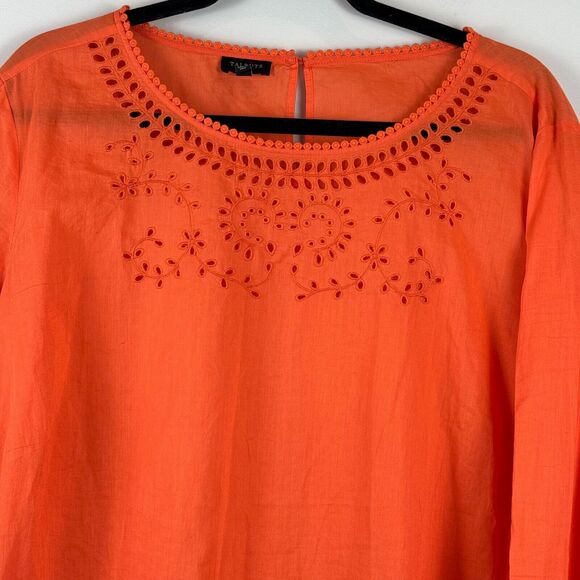 Talbots Top Womens 2X Orange Floral Eyelet 3/4 Sleeve Blouse Mature Cottage Work - Picture 2 of 9